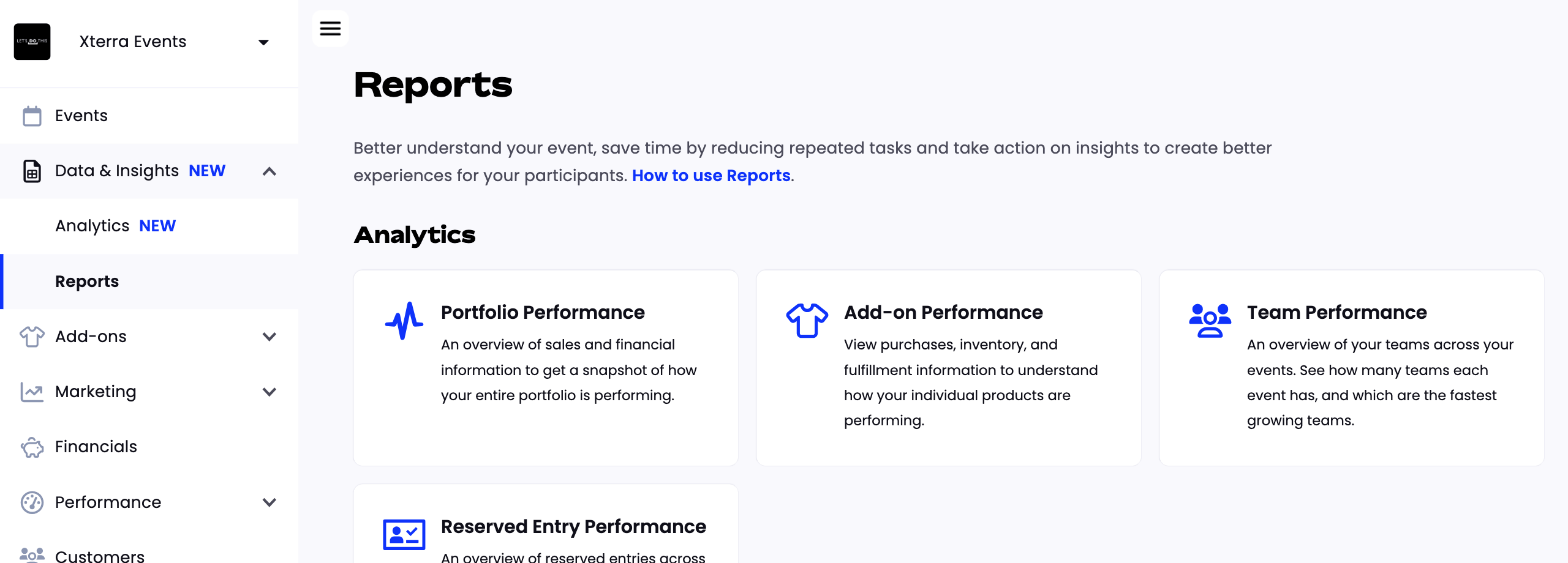 Dashboard Reports page under the Data & Insights menu