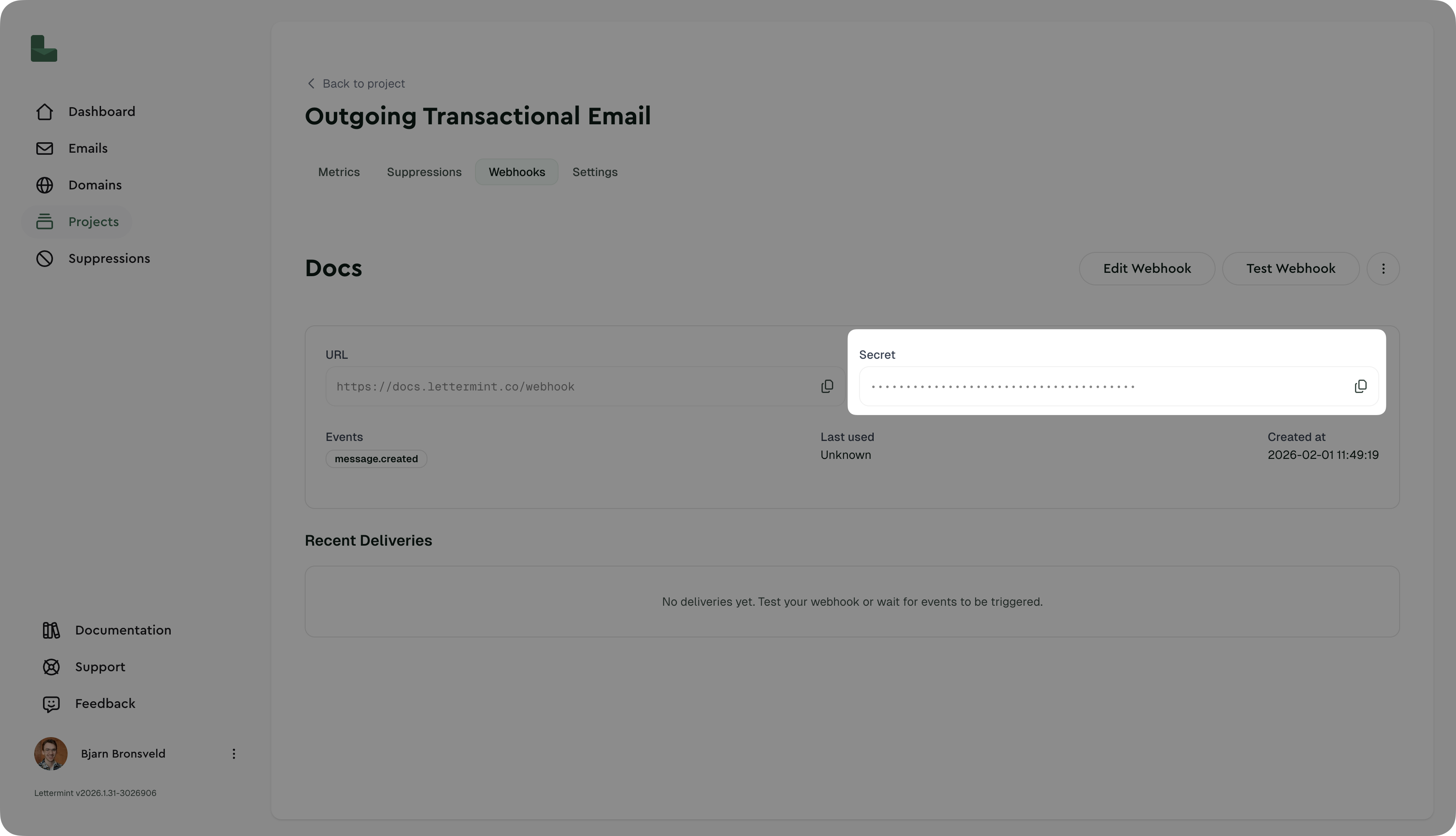 Webhook secret in dashboard