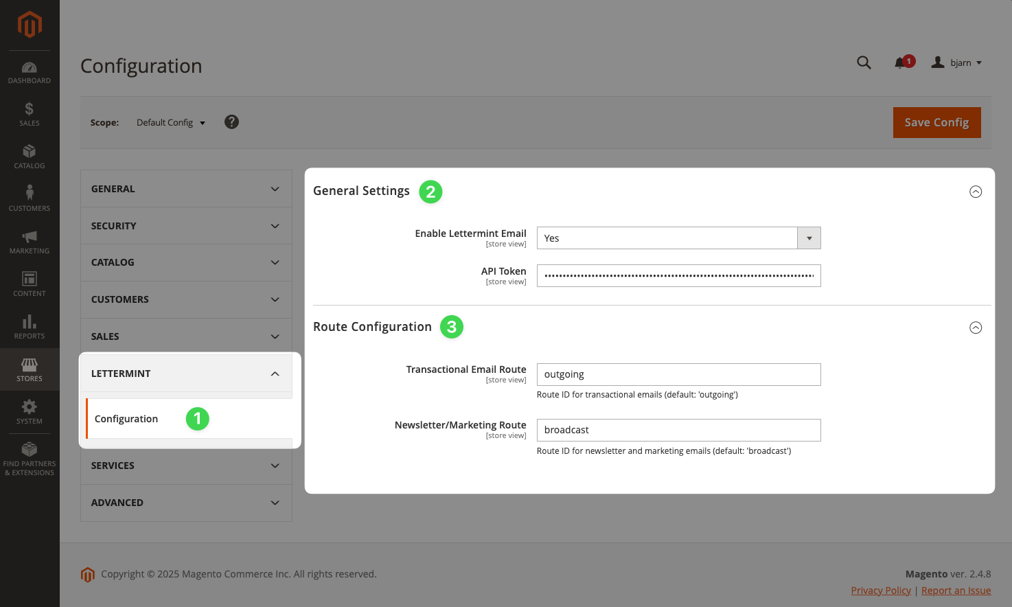 Magento 2 admin settings for the Lettermint module