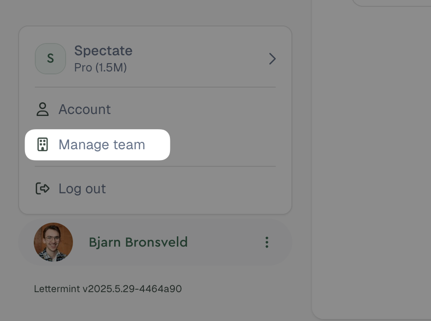 Button showing Manage Team in navigation.