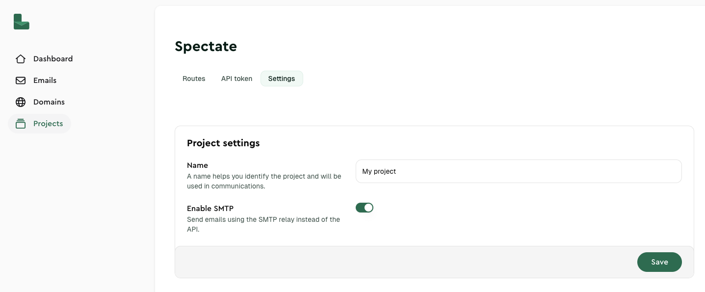 Project settings with Enable SMTP option.