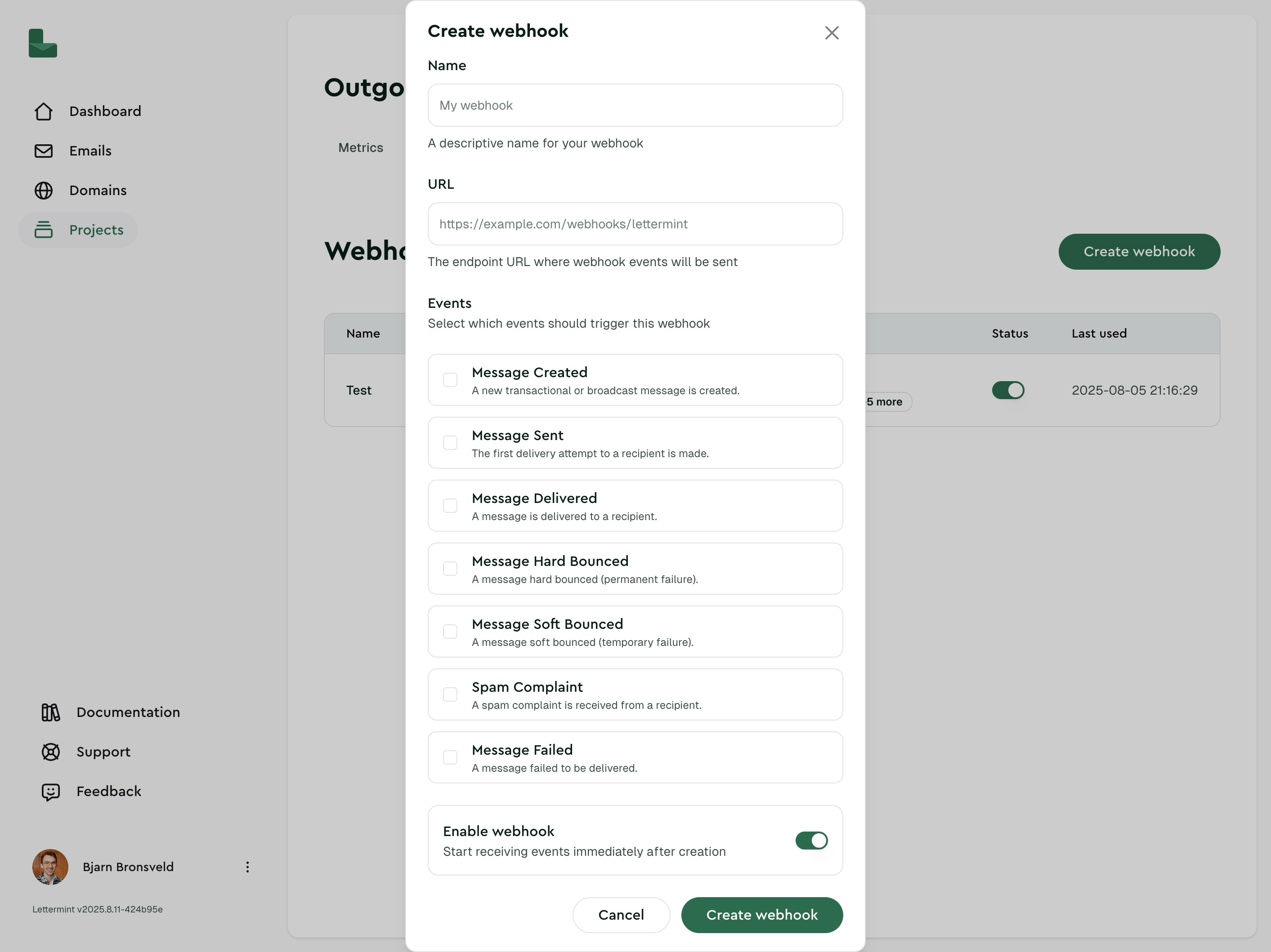 The modal to create a webhook in the dashboard