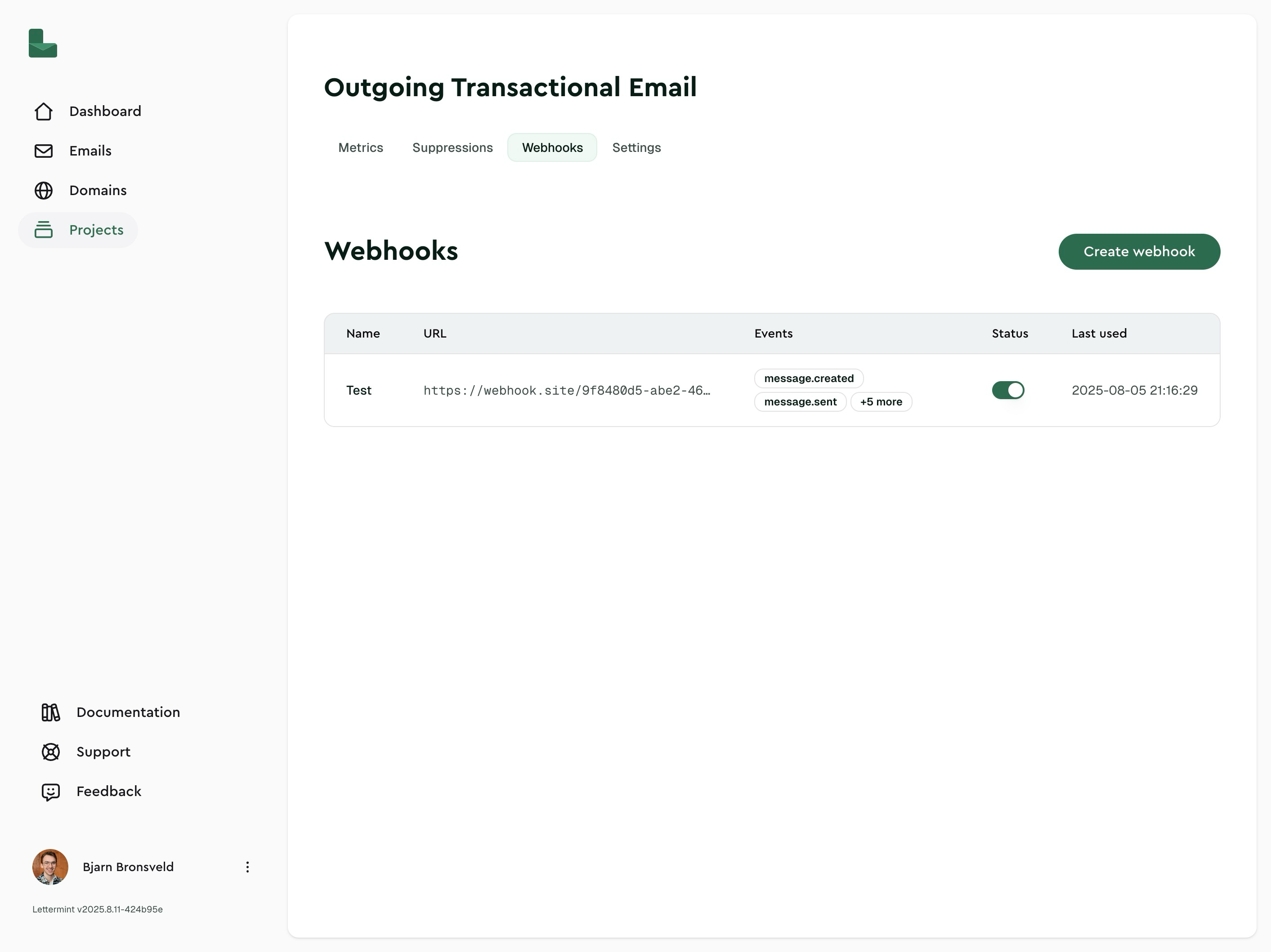 An overview of your route's webhooks in the dashboard