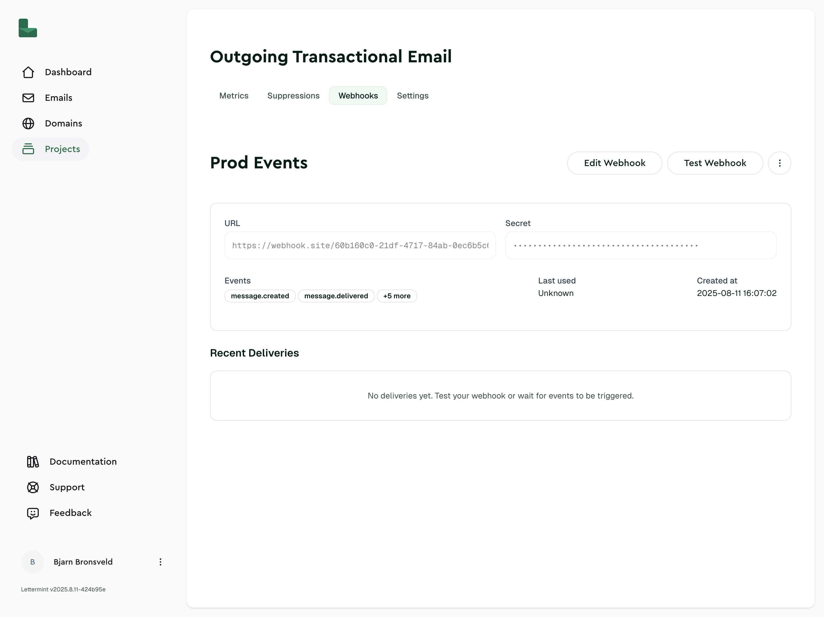 Webhook details in the dashboard