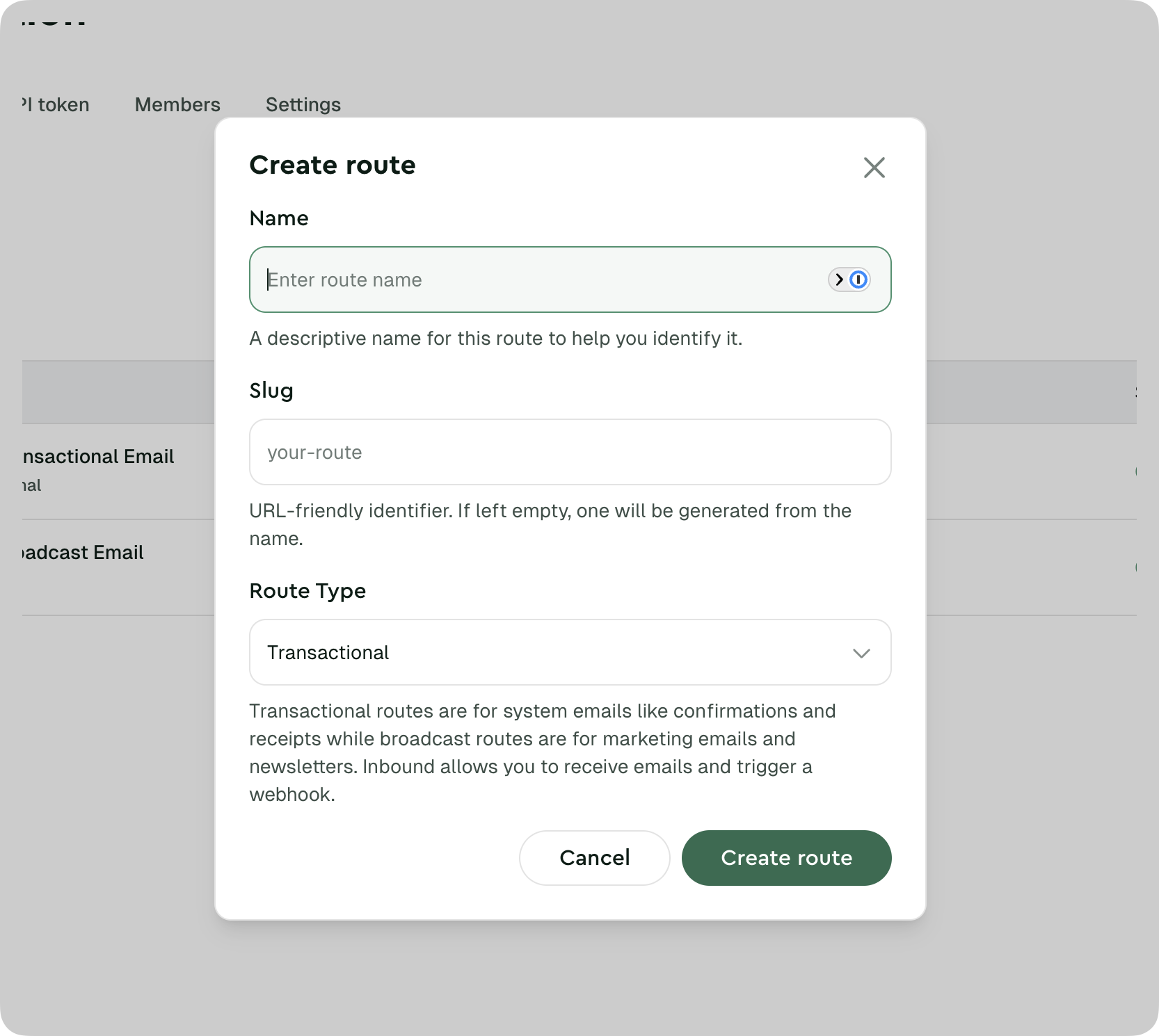 Route creation dialog