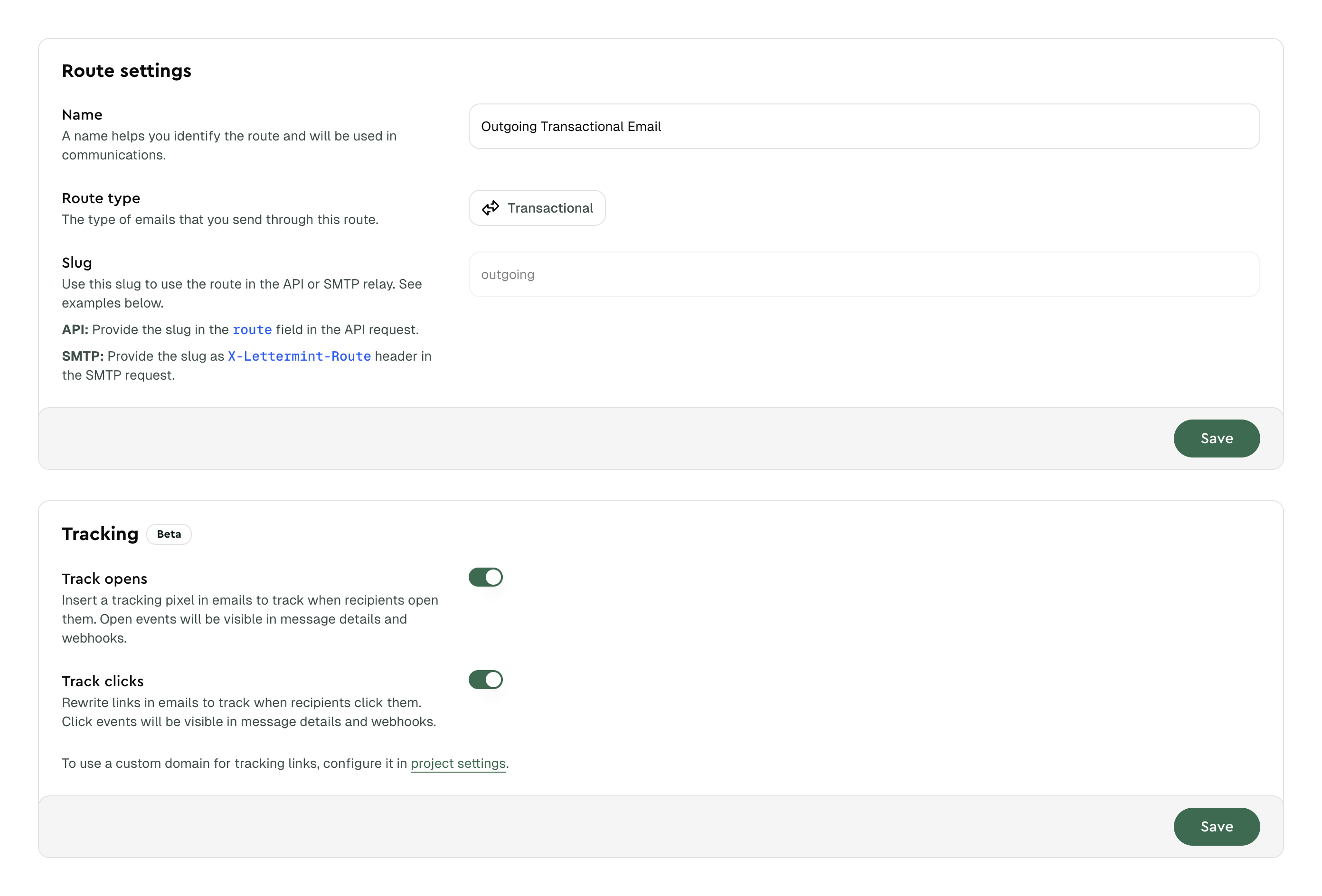 Route settings panel