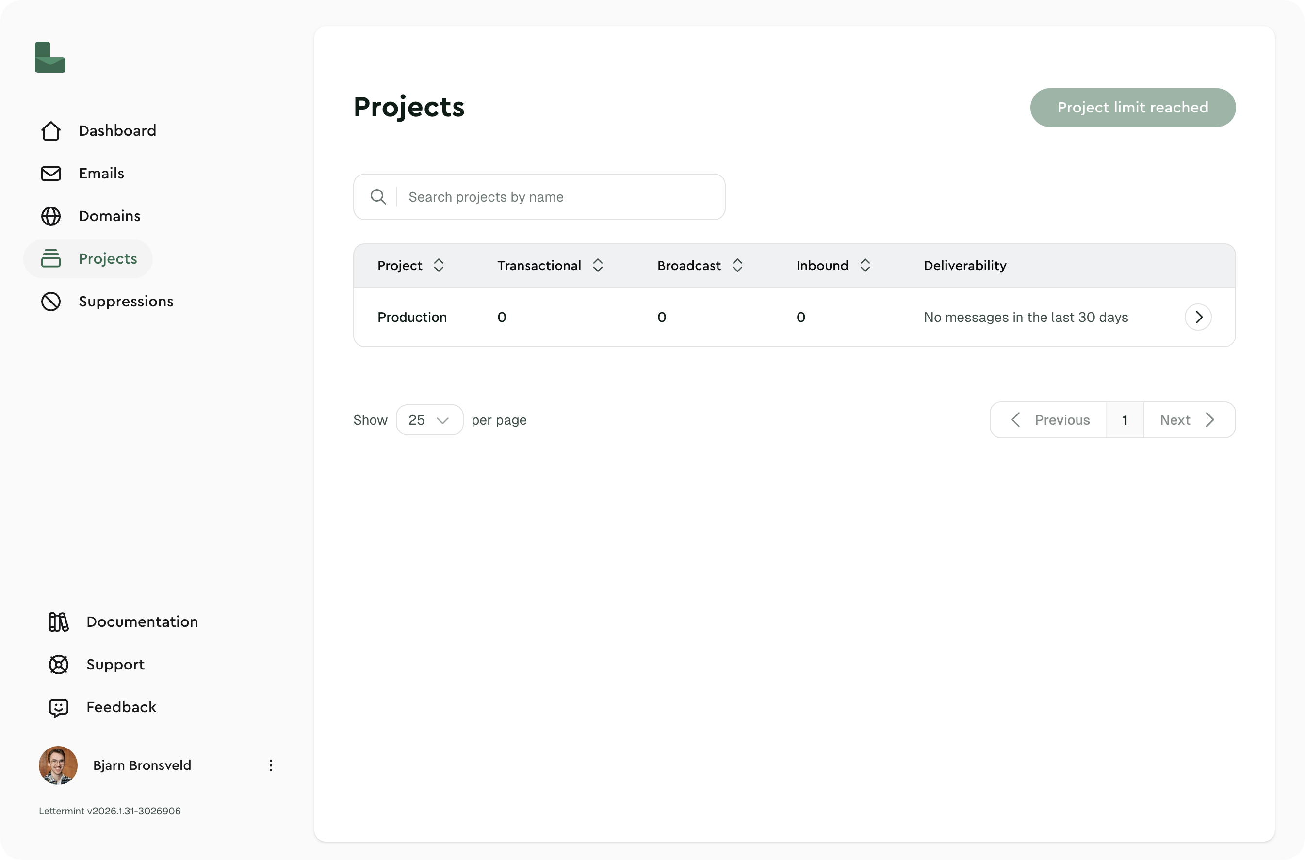 Project list in dashboard