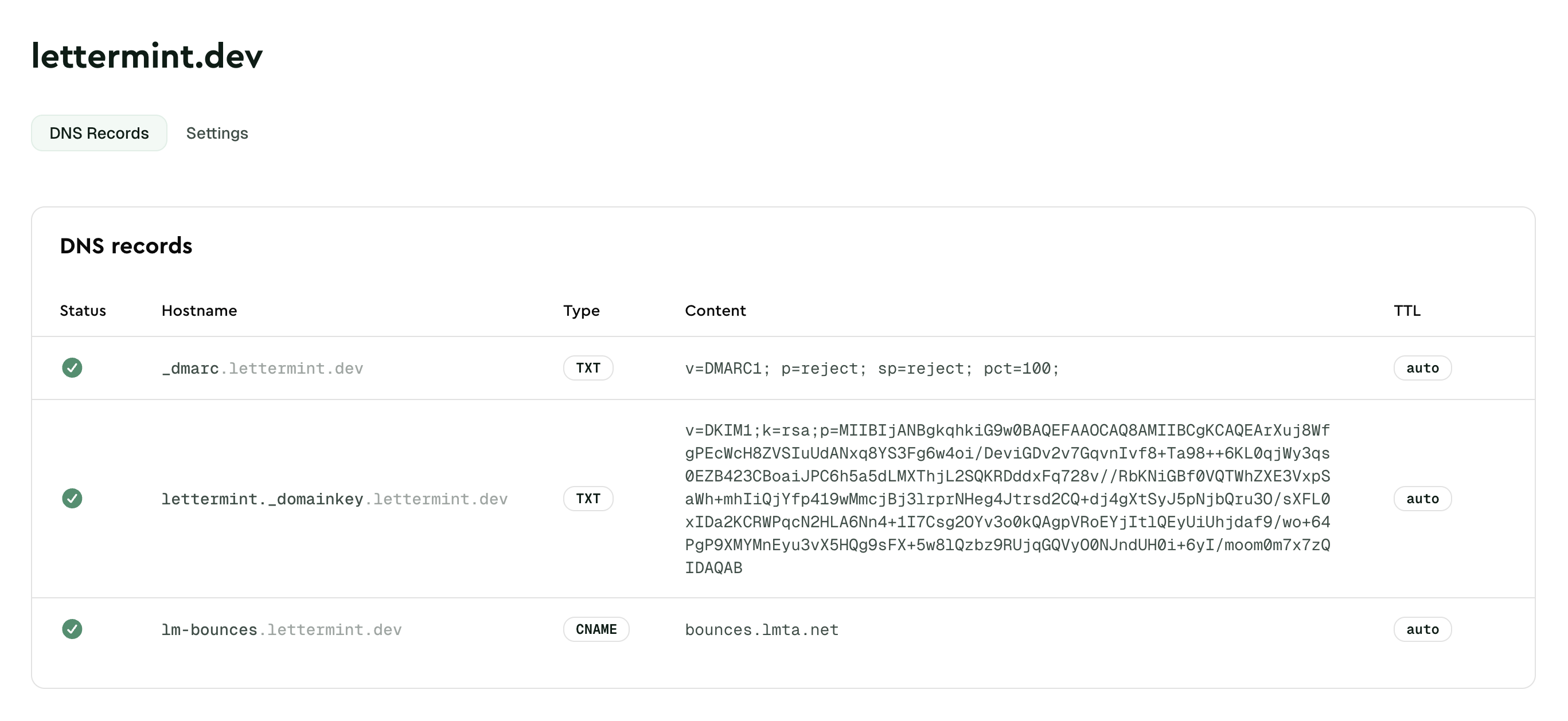 Domain verification status showing DNS records in the dashboard