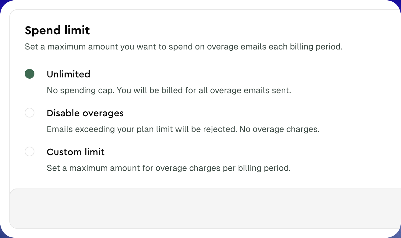 Spend limit configuration card showing the three options: Unlimited, Disable overages, and Custom limit.