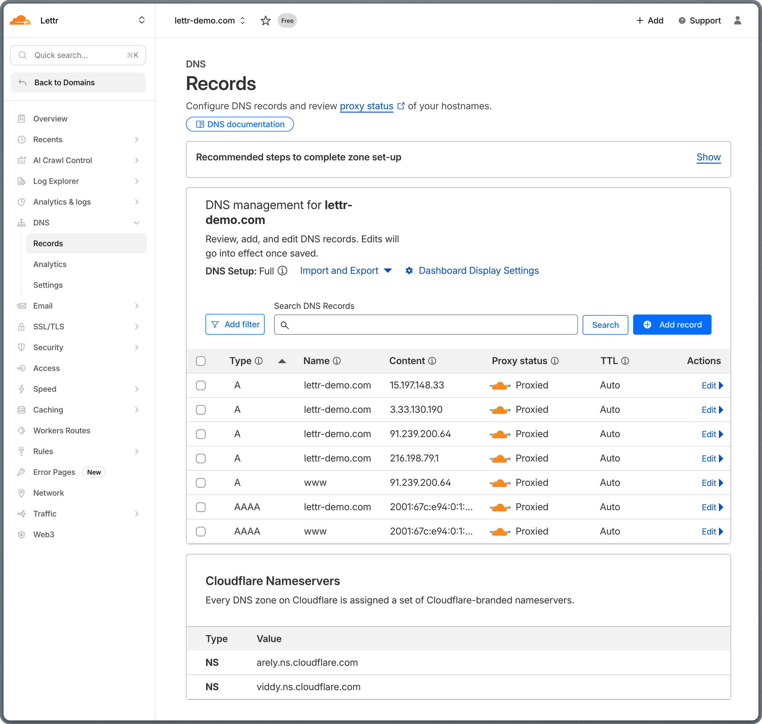 Cloudflare nameserver configuration on domain details page