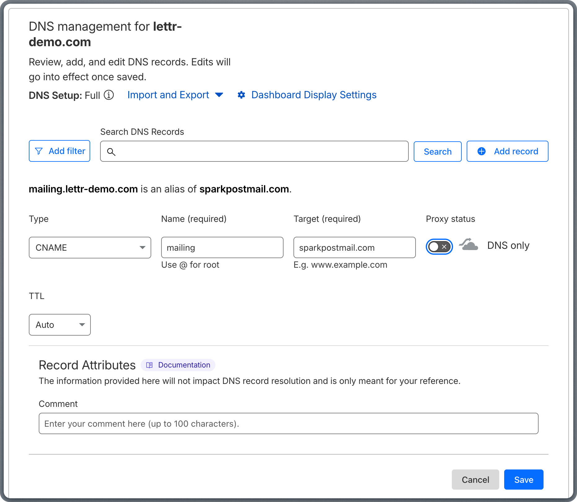 Adding CNAME record in Cloudflare DNS settings
