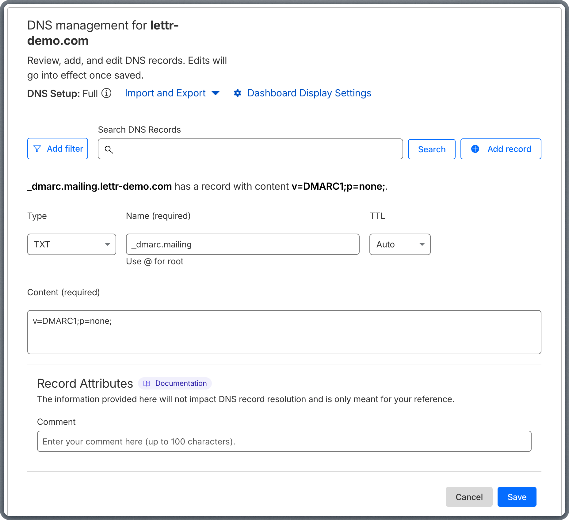 Adding DMARC TXT record in Cloudflare DNS settings