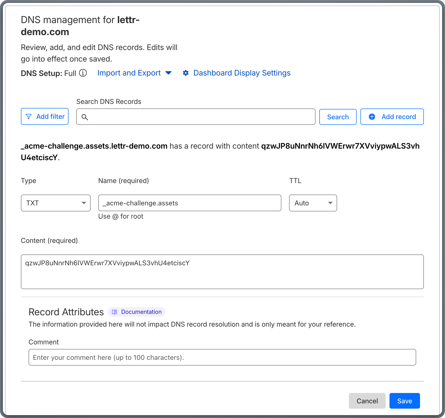 Adding Certificate Validation TXT record in Cloudflare DNS settings