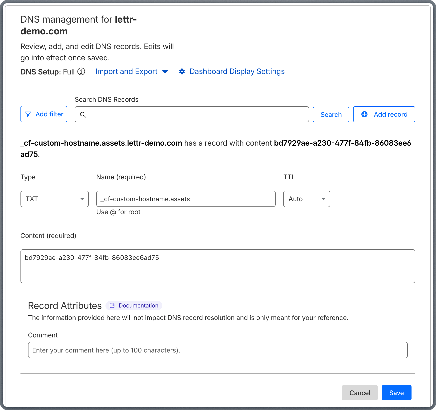 Adding Hostname Pre-validation TXT record in Cloudflare DNS settings