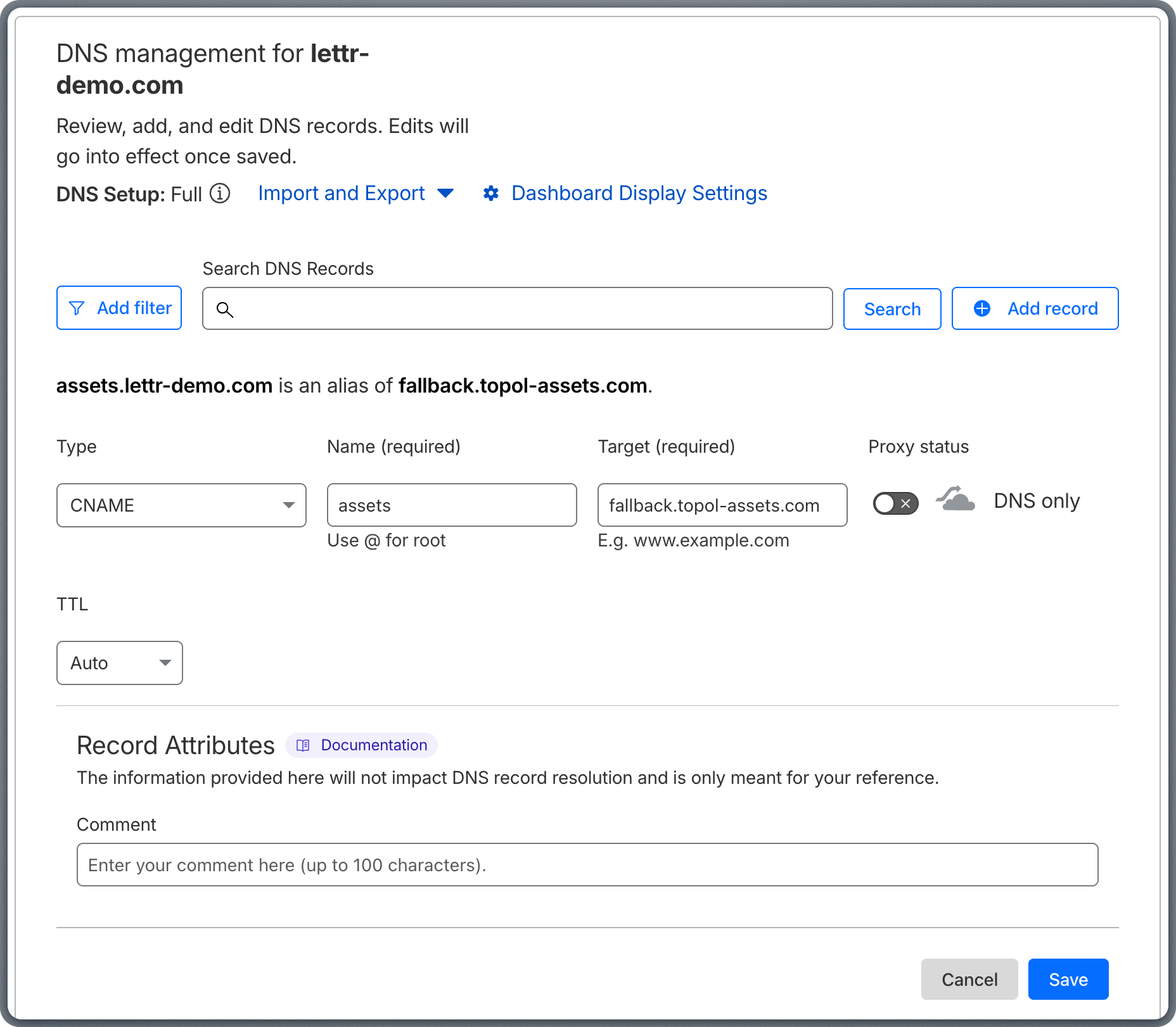 Adding Domain Routing CNAME record in Cloudflare DNS settings