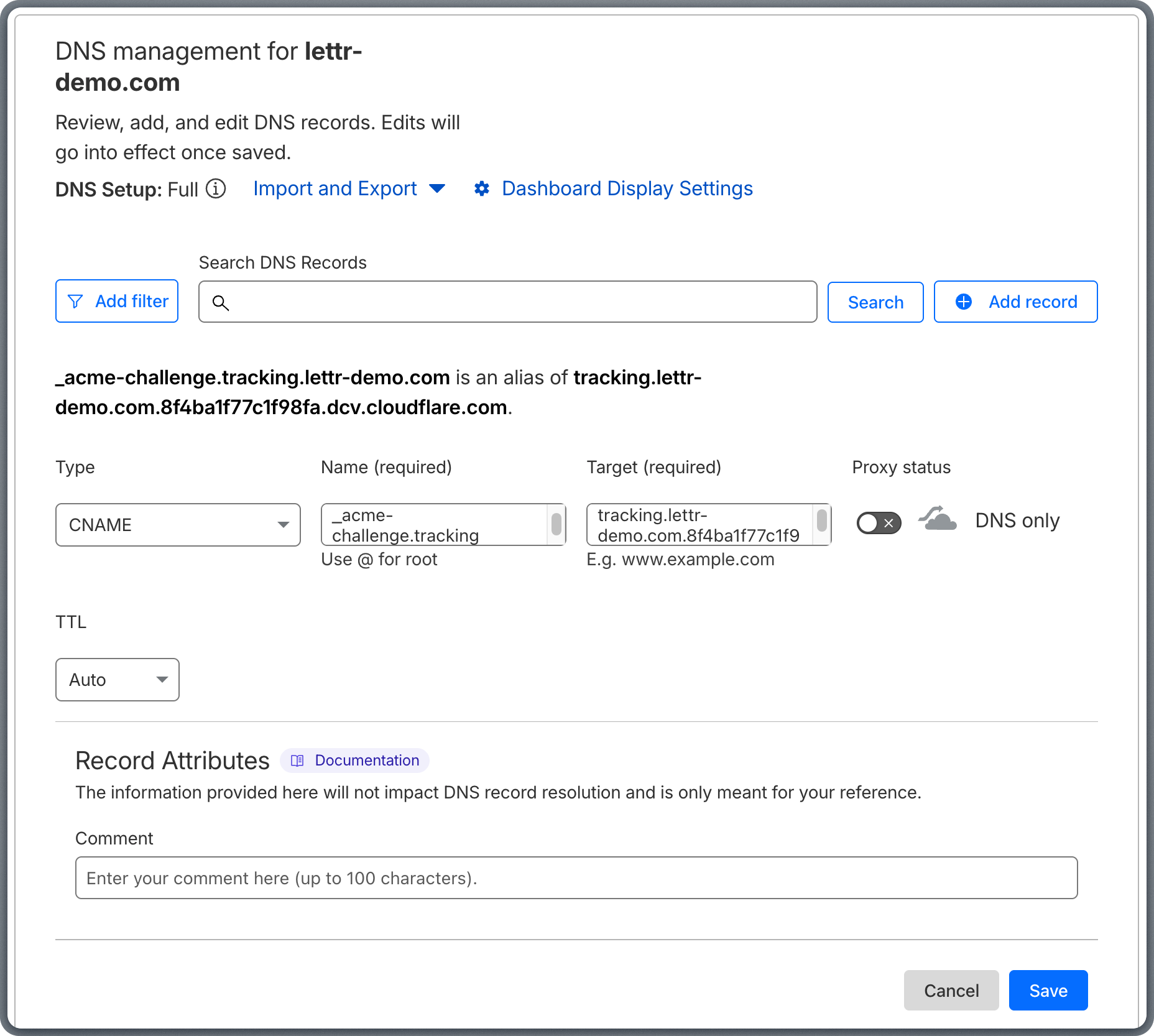 Adding SSL Certificate CNAME record in Cloudflare DNS settings