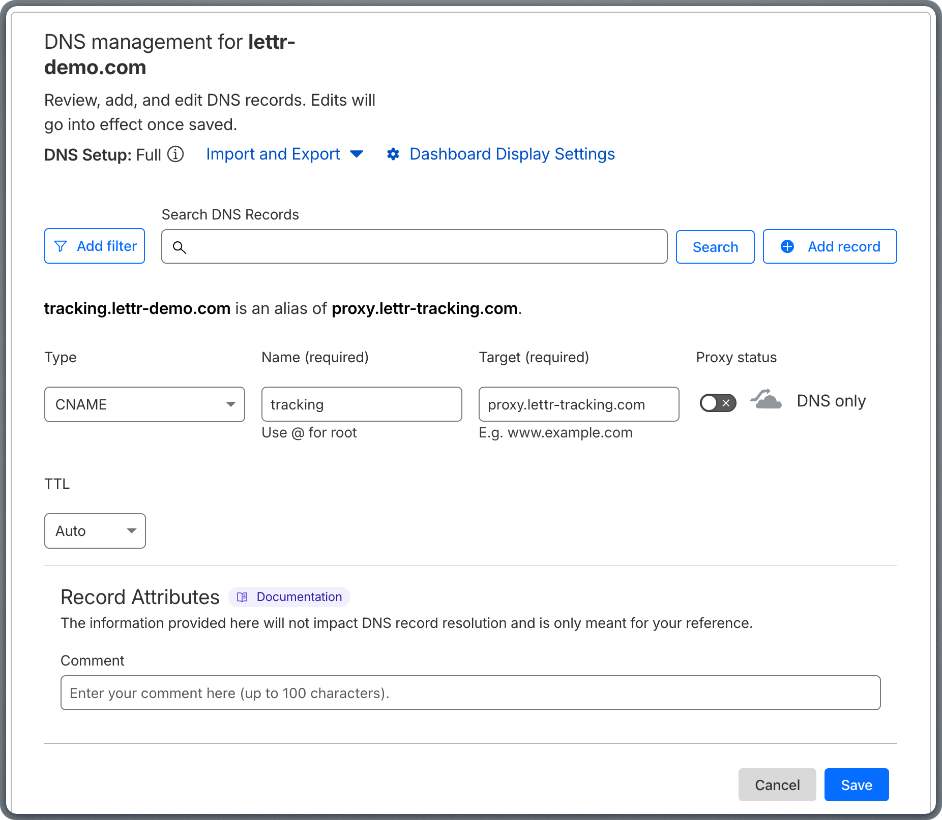 Adding Traffic CNAME record in Cloudflare DNS settings