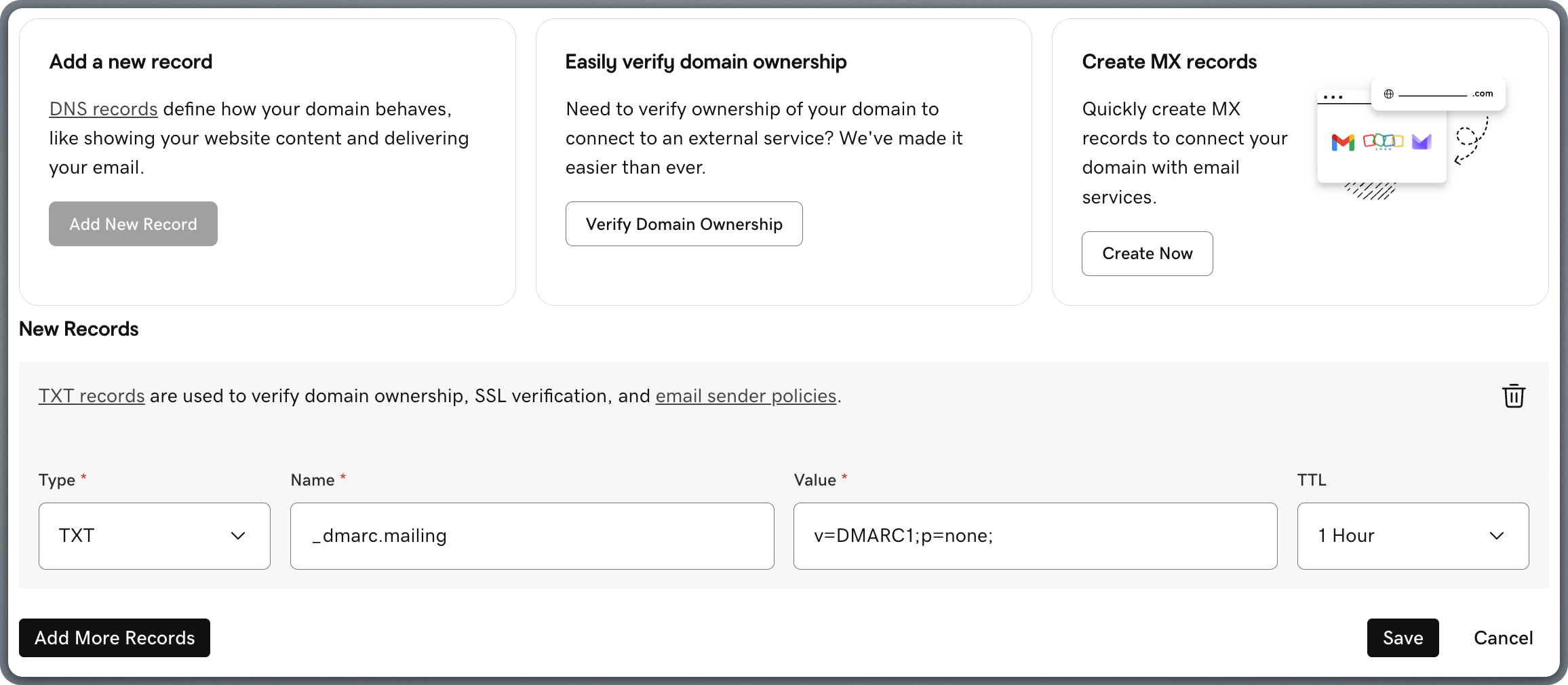 Adding DMARC TXT record in GoDaddy DNS Management