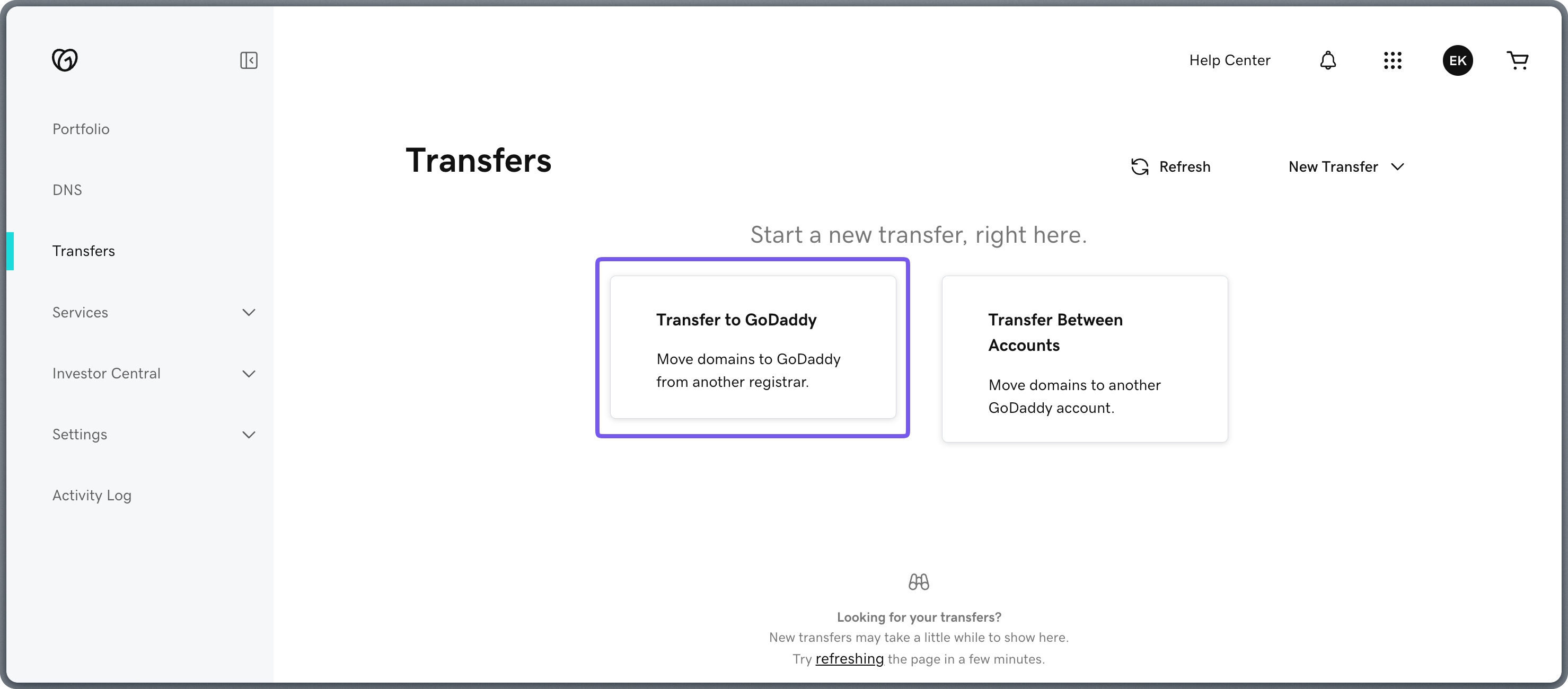 GoDaddy domain transfer page