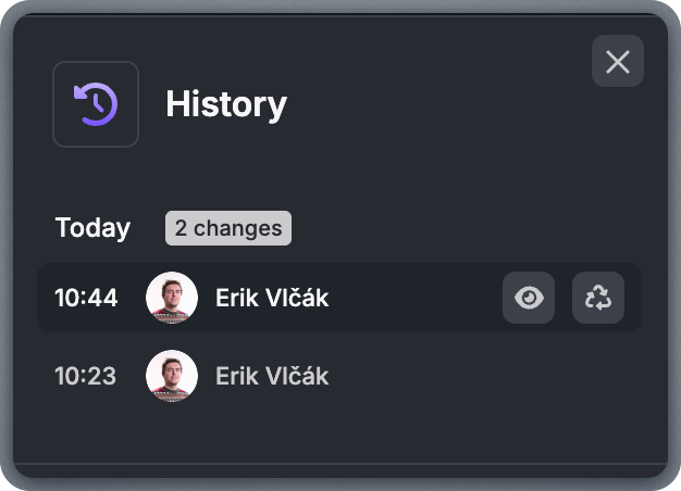 Autosave history panel showing timestamped versions of the template with restore options