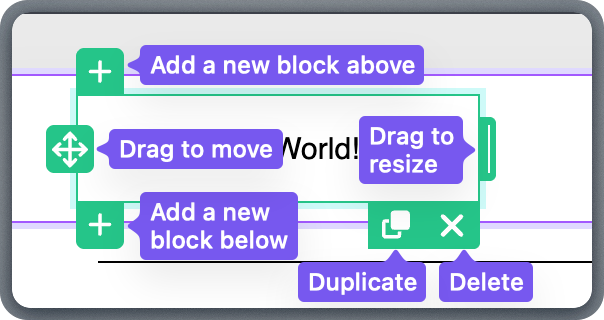 Content block with action buttons for move, duplicate, save, and delete