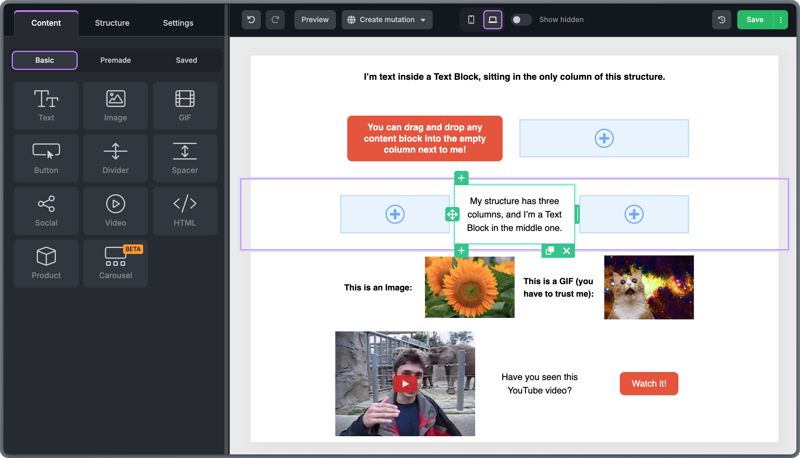 Content tab displaying available block types including text, image, button, and other content elements