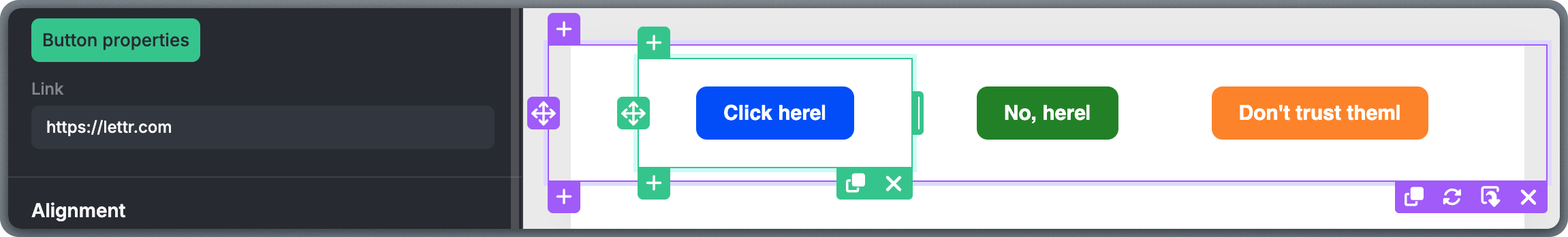 Button block properties panel showing link URL, text, colors, and padding settings