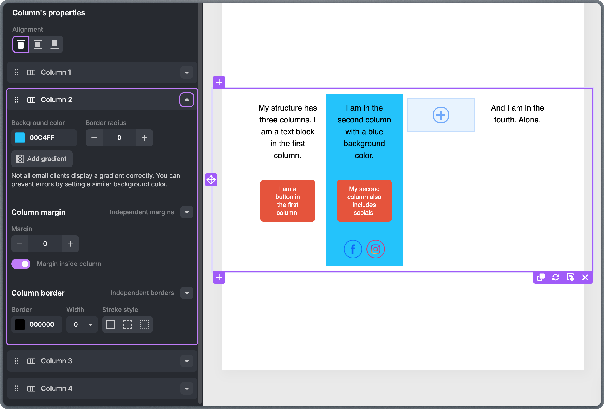 Column properties panel showing background, border, margin, and padding settings