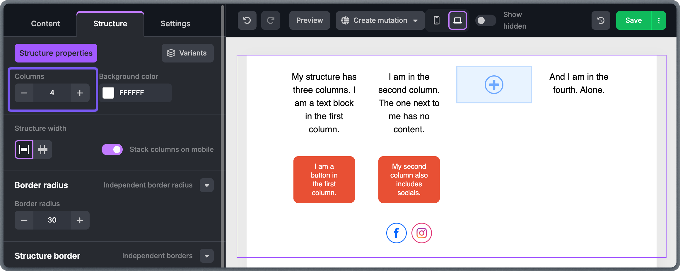 Structure with multiple columns showing column count adjustment controls