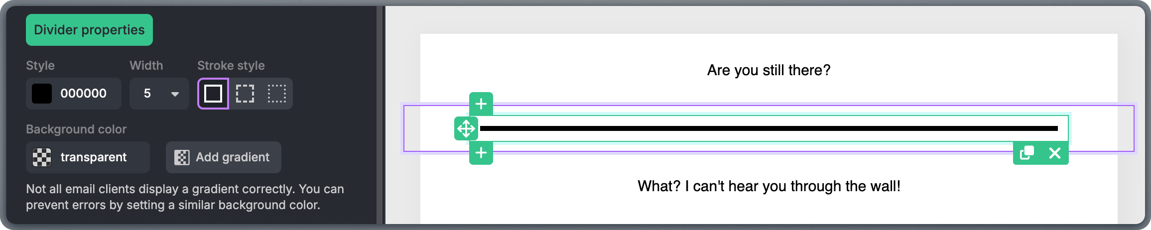 Divider block properties panel showing color, thickness, style, and margin options