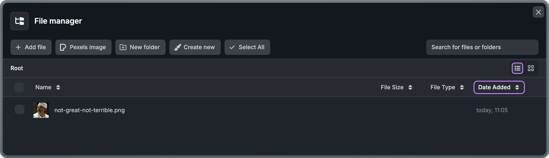 File Manager interface showing uploaded images, folder navigation, and upload options