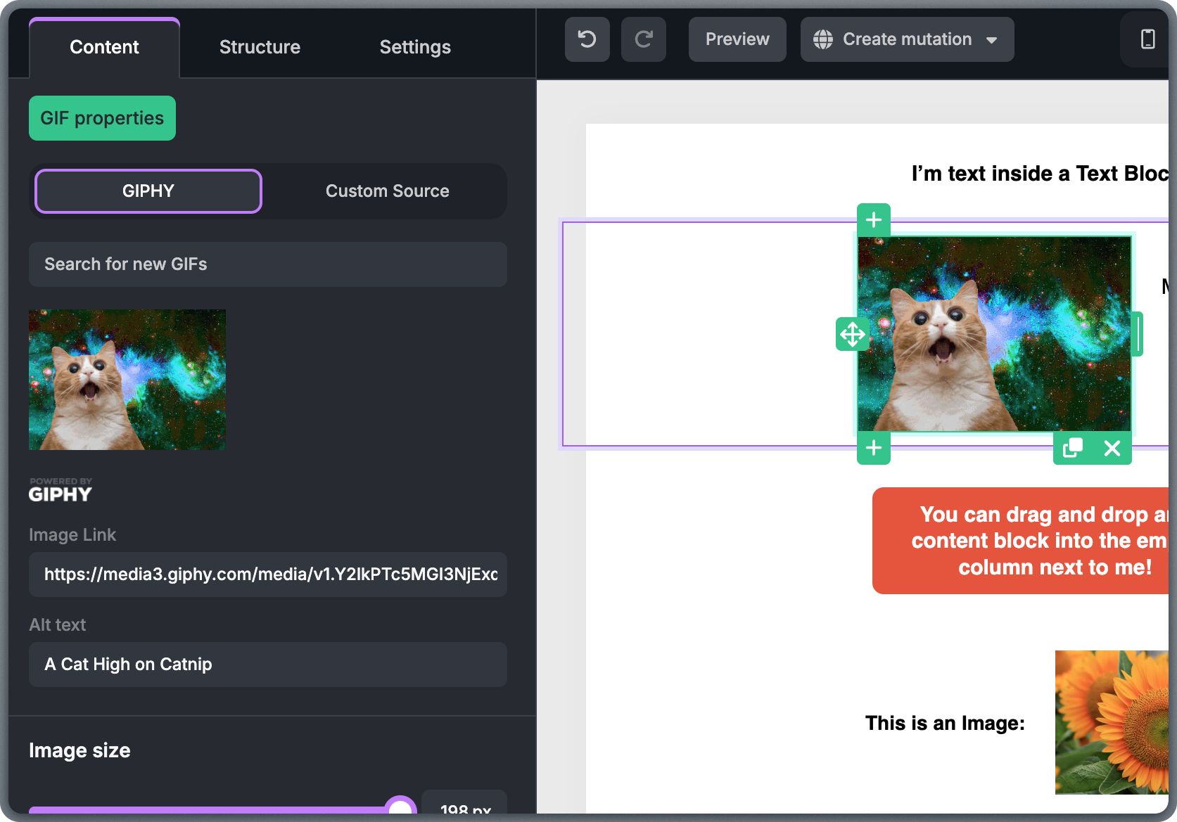 GIF block properties panel showing URL input, alignment, size, and margin settings