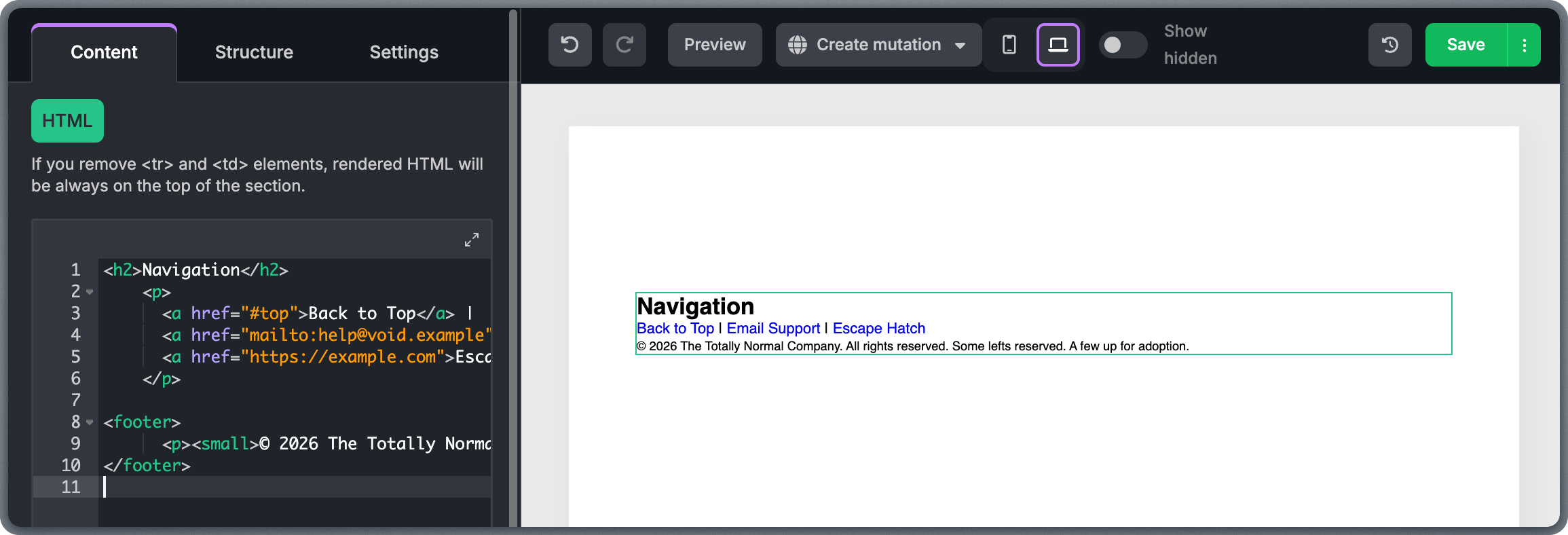 HTML block code editor with syntax highlighting and validation