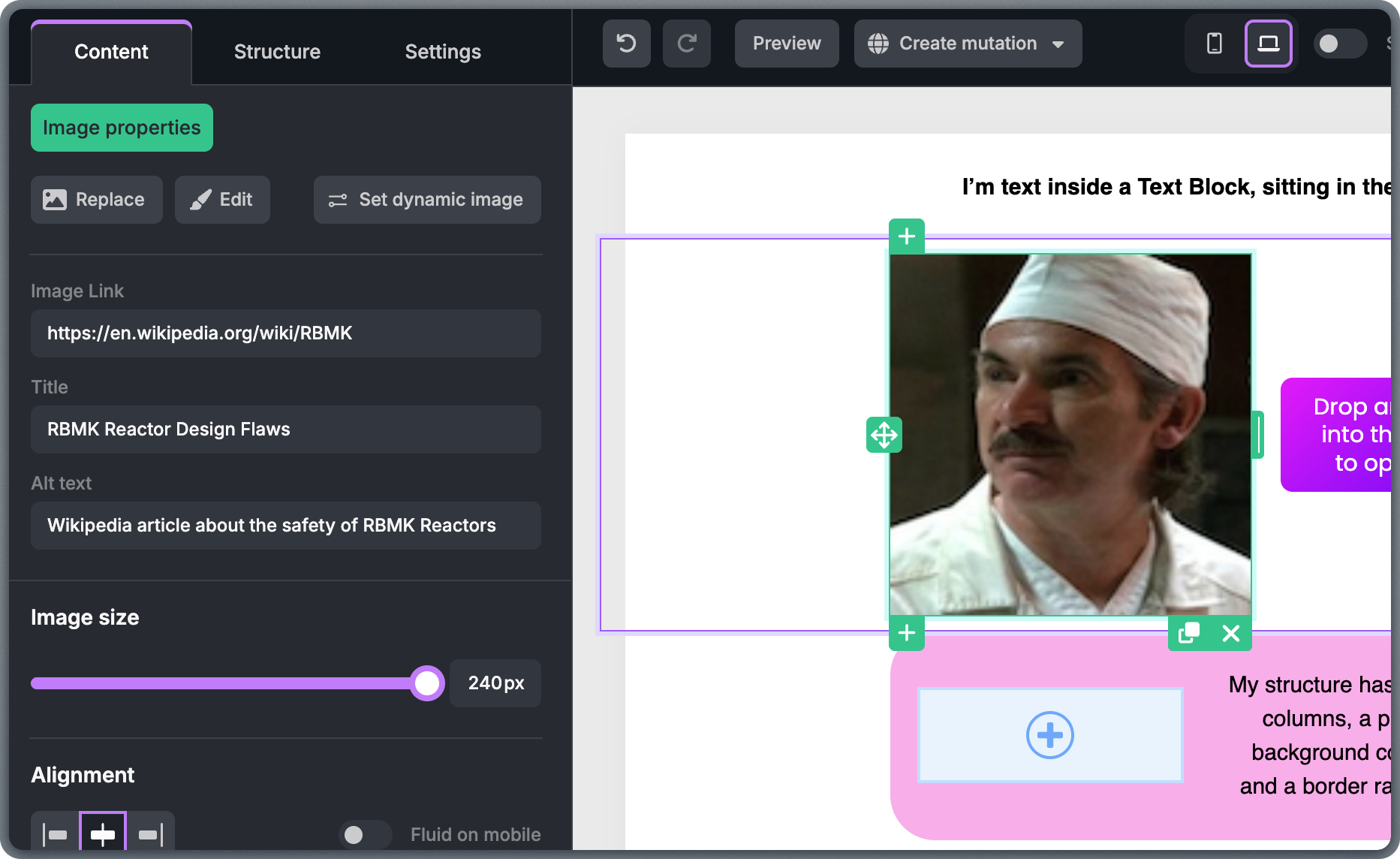 Image properties panel showing alignment, size, margins, and link settings