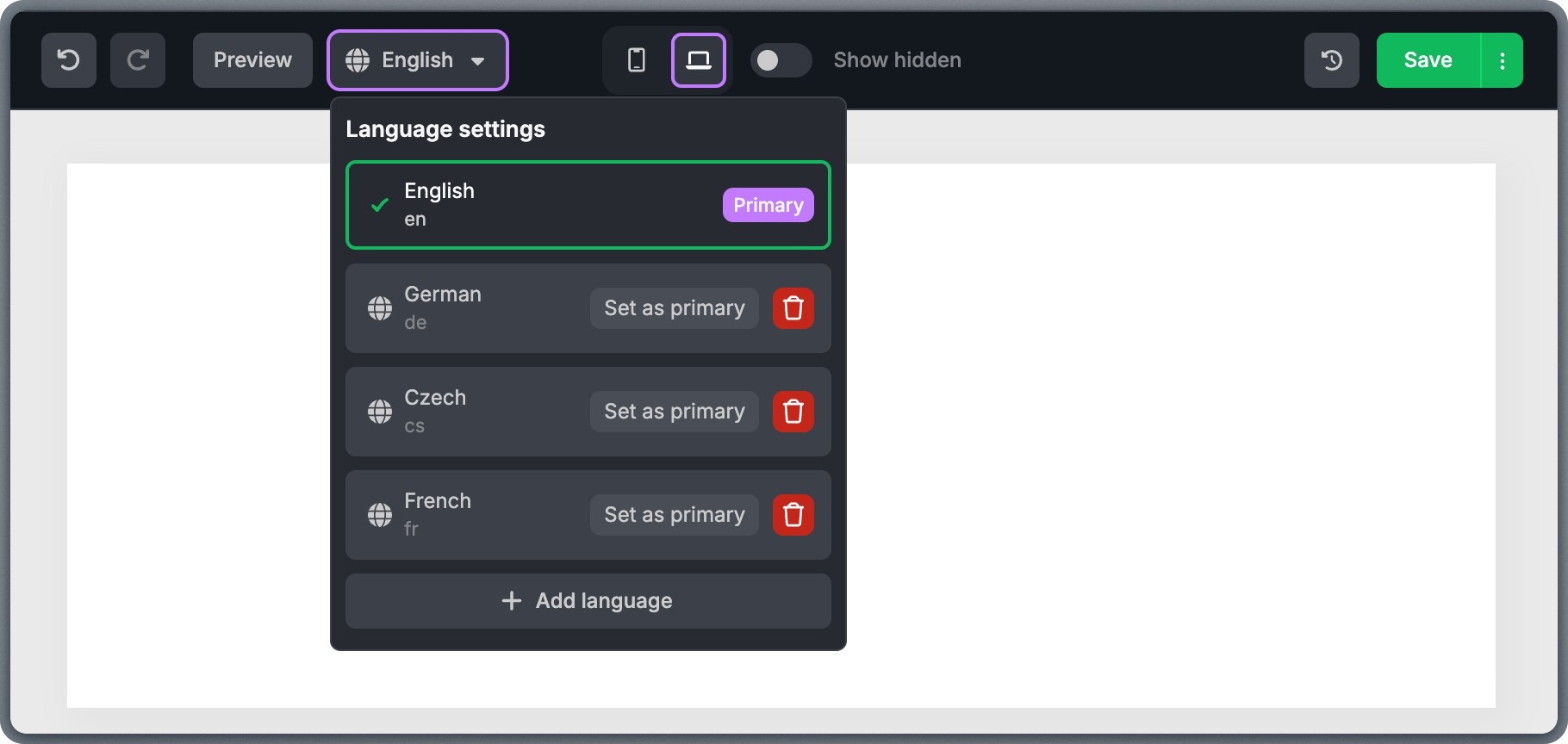 Multilingual dropdown in the top bar showing available language versions of the template