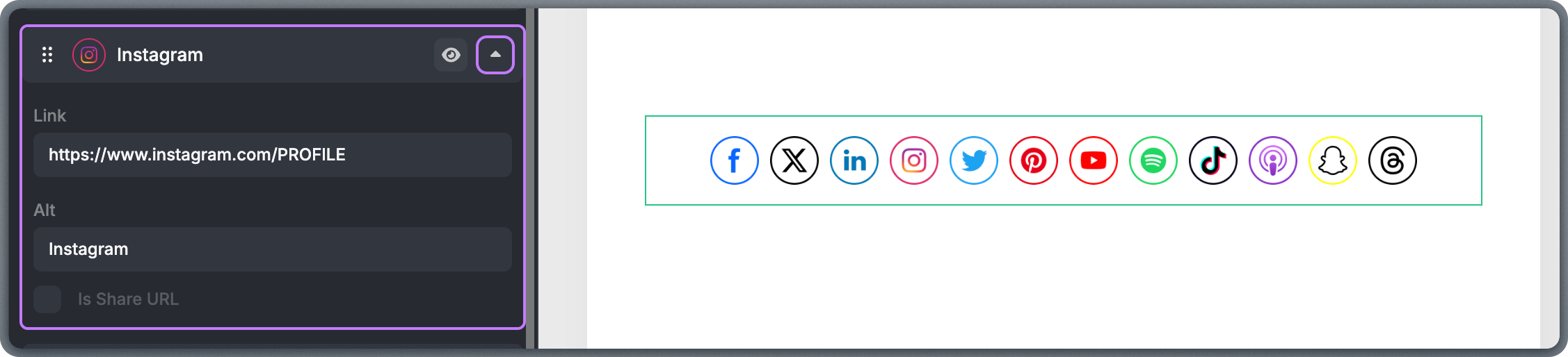 Social block showing icon selection, ordering, and URL configuration options