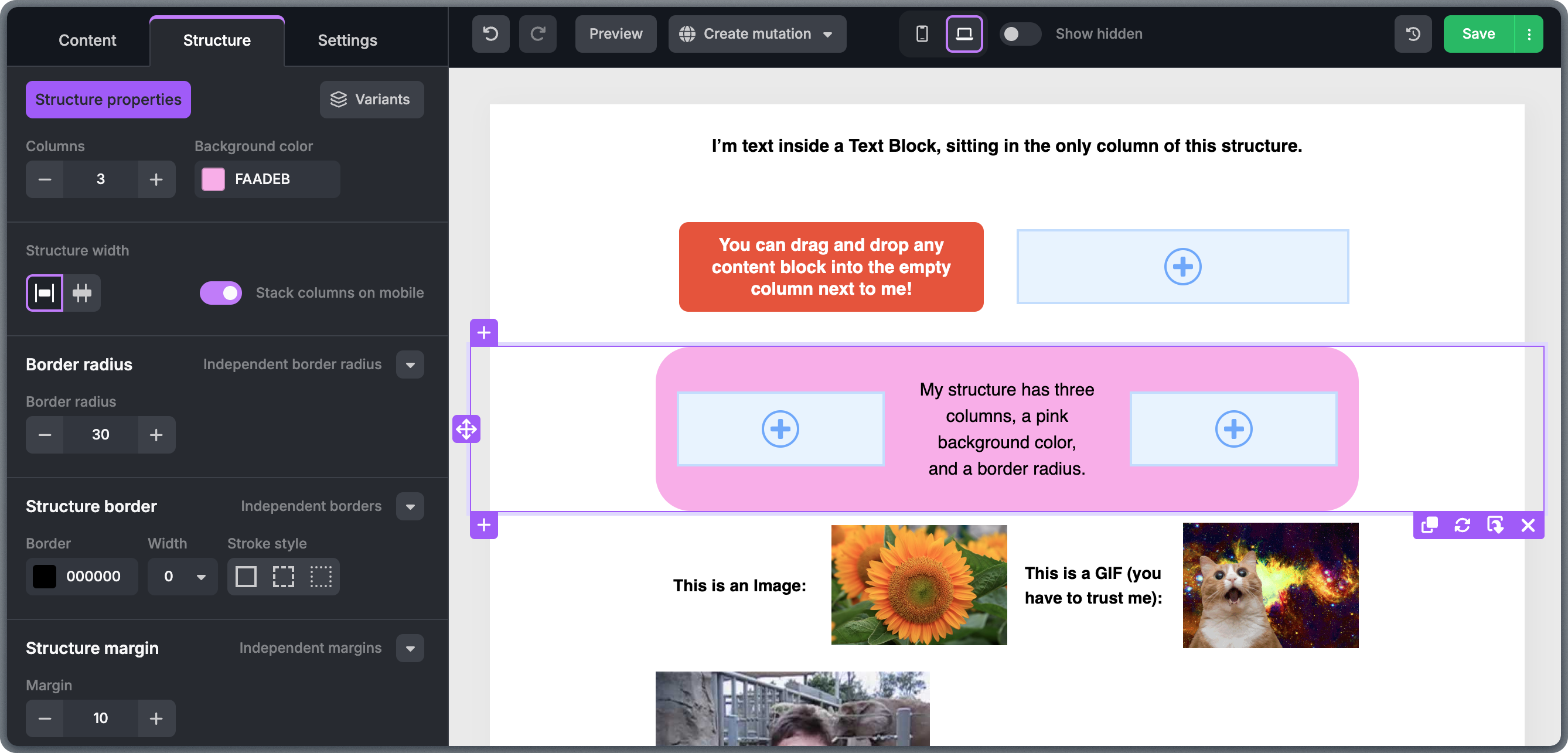 Structure properties panel showing options for columns, background, width, borders, and margins