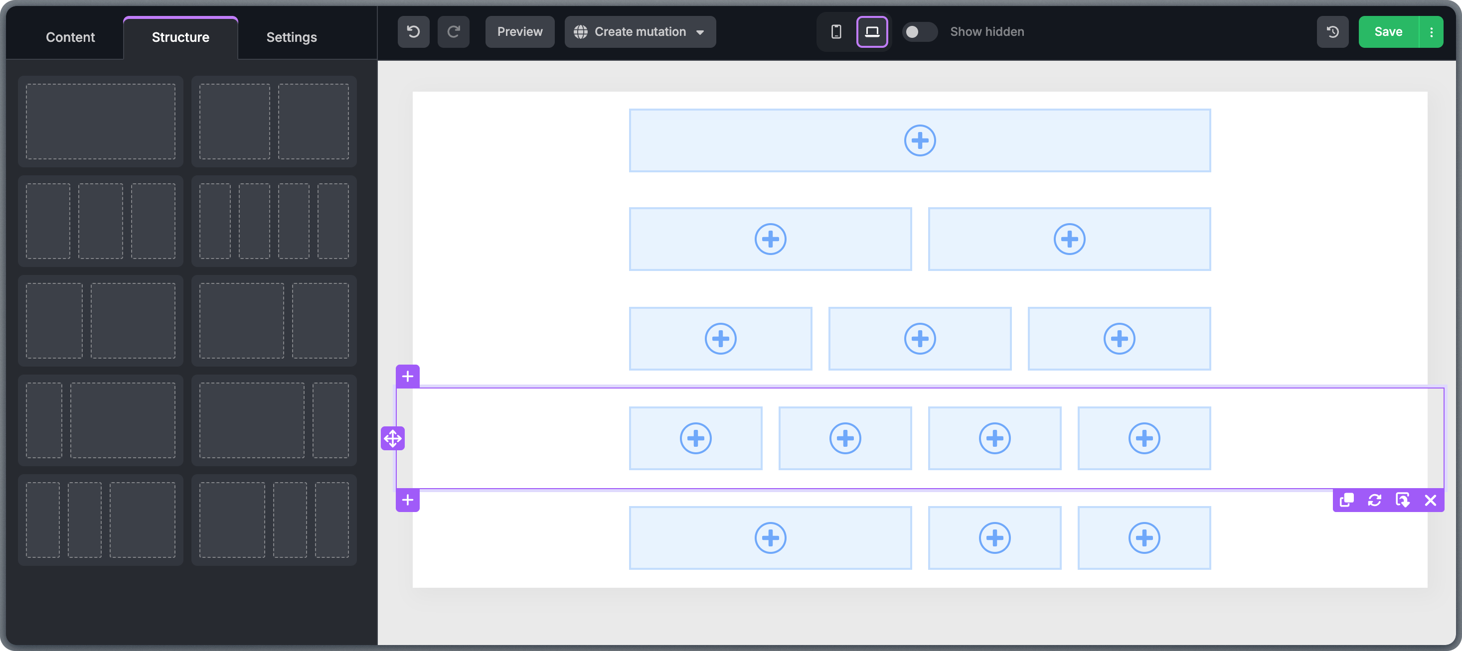 Structure tab showing layout options with one, two, three, and four column configurations