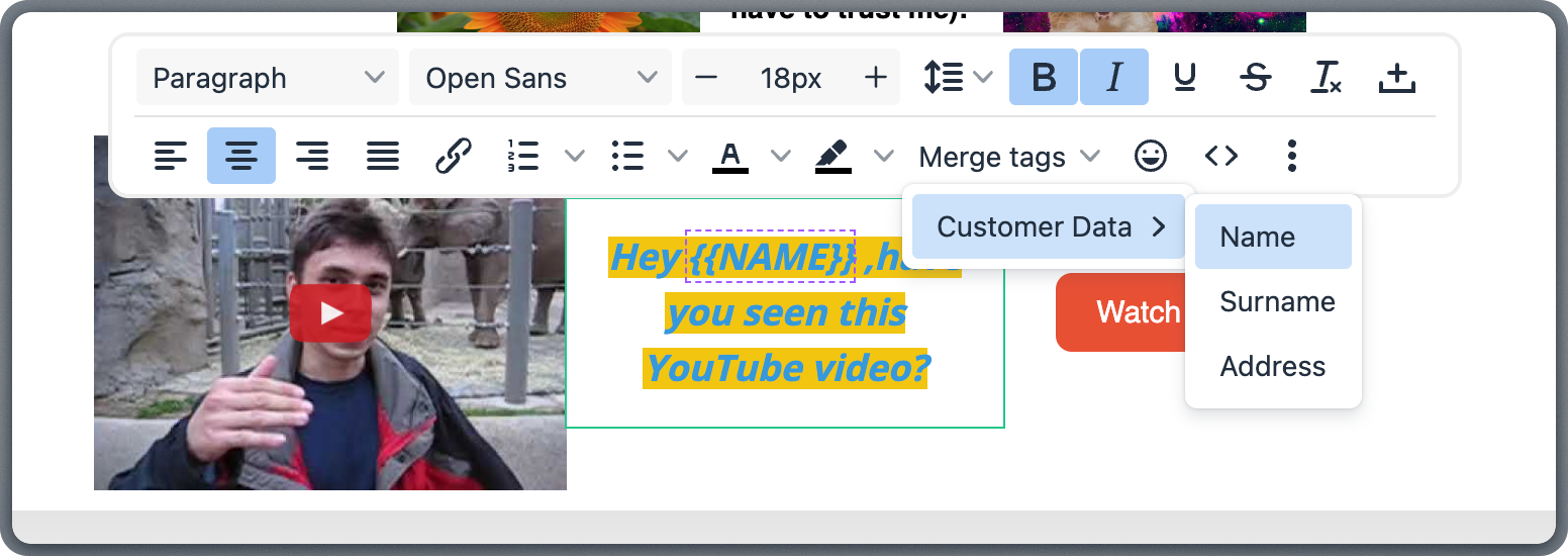 Merge tag dropdown menu in the text formatting toolbar