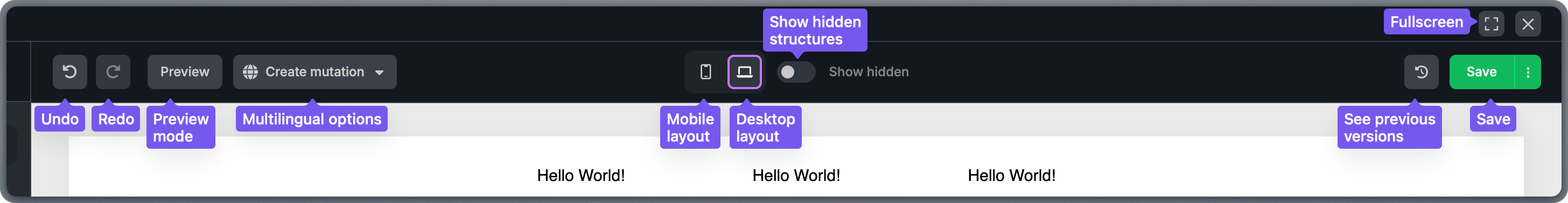 Editor top bar with undo/redo, multilingual, view toggles, autosave, save, and fullscreen buttons