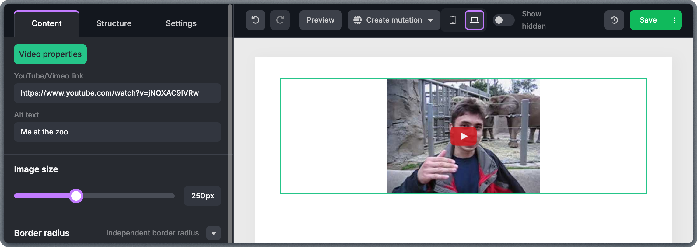 Video block with thumbnail preview and play button overlay