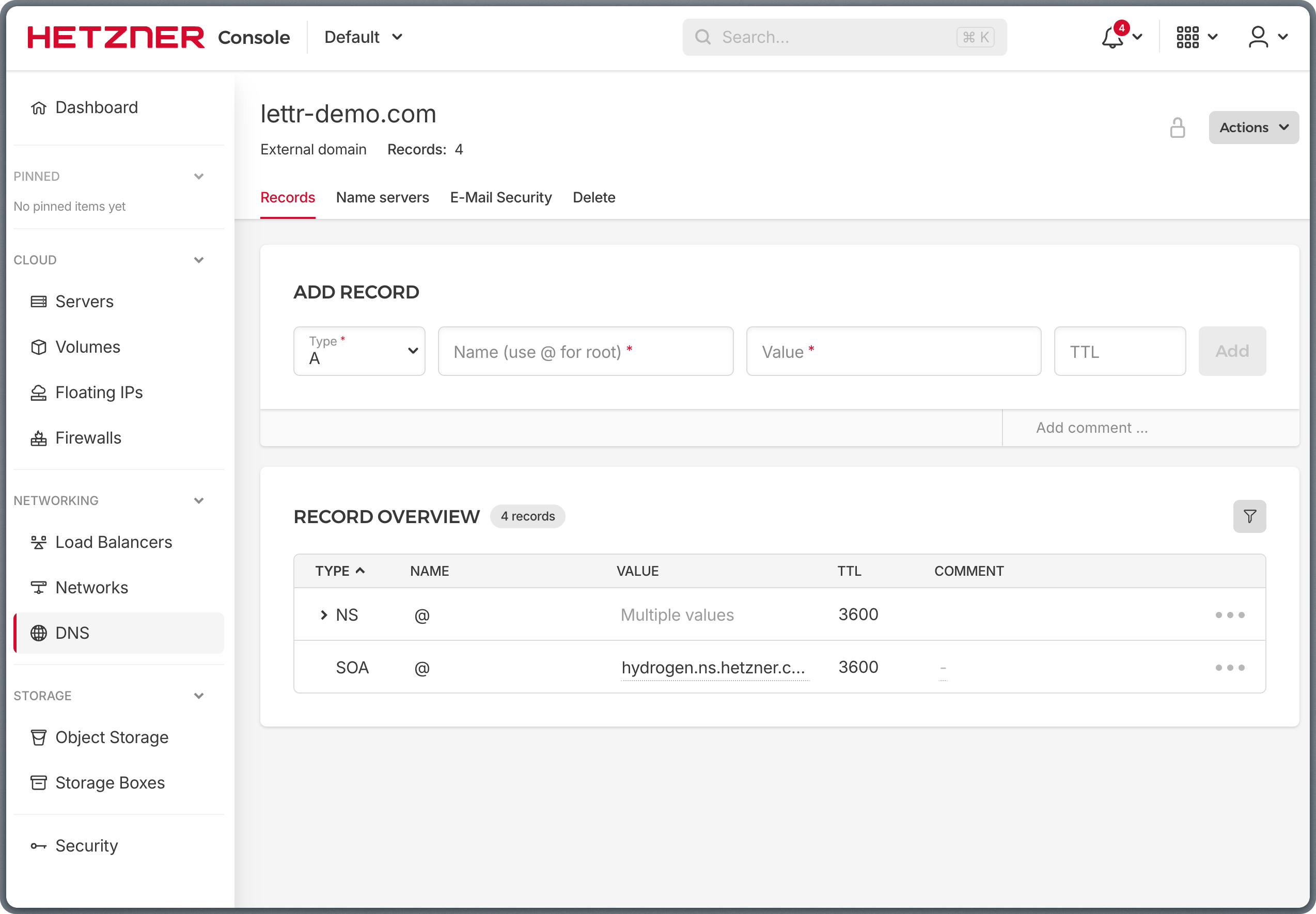 Hetzner DNS zone details page with nameserver instructions