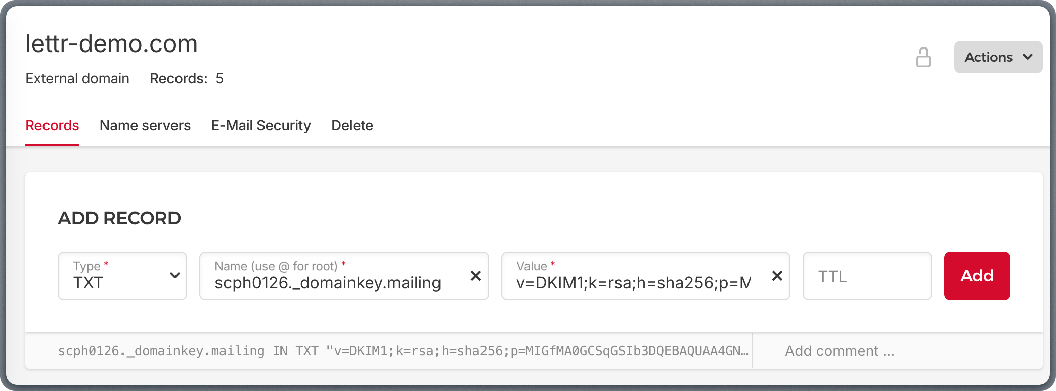 Adding DKIM TXT record in Hetzner DNS Console