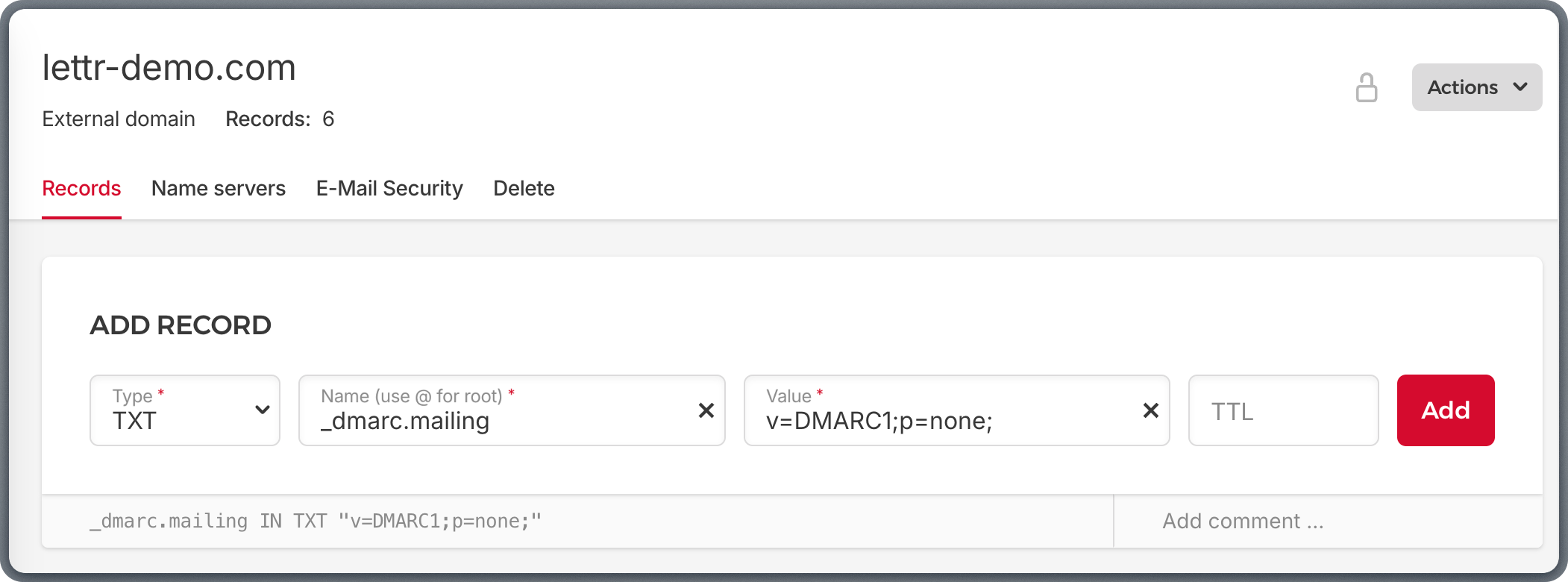 Adding DMARC TXT record in Hetzner DNS Console