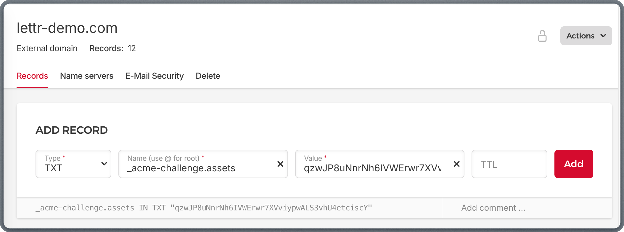 Adding Certificate Validation TXT record in Hetzner DNS Console