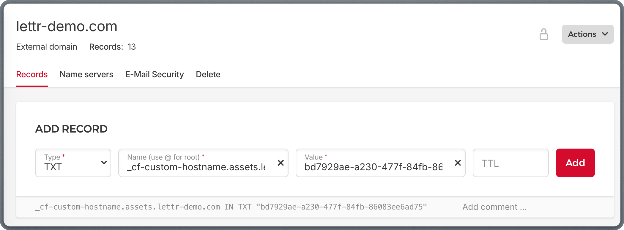 Adding Hostname Pre-validation TXT record in Hetzner DNS Console