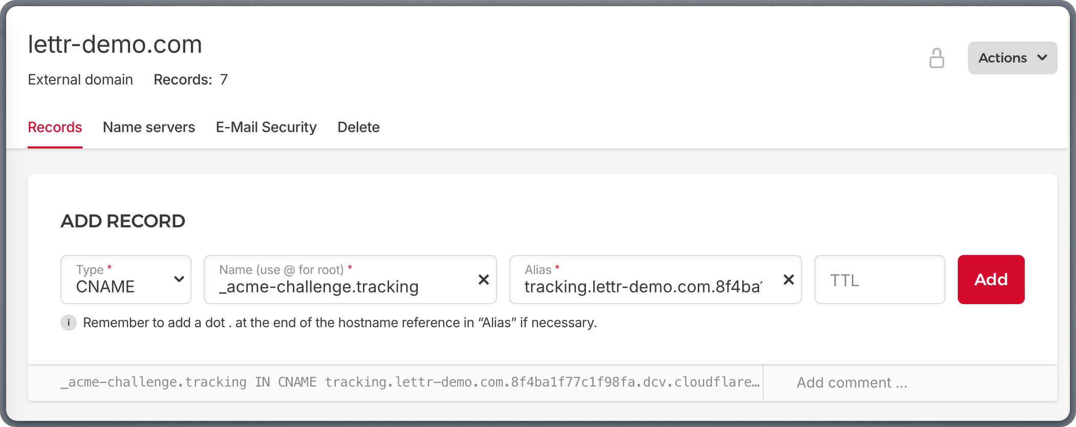 Adding SSL Certificate CNAME record in Hetzner DNS Console