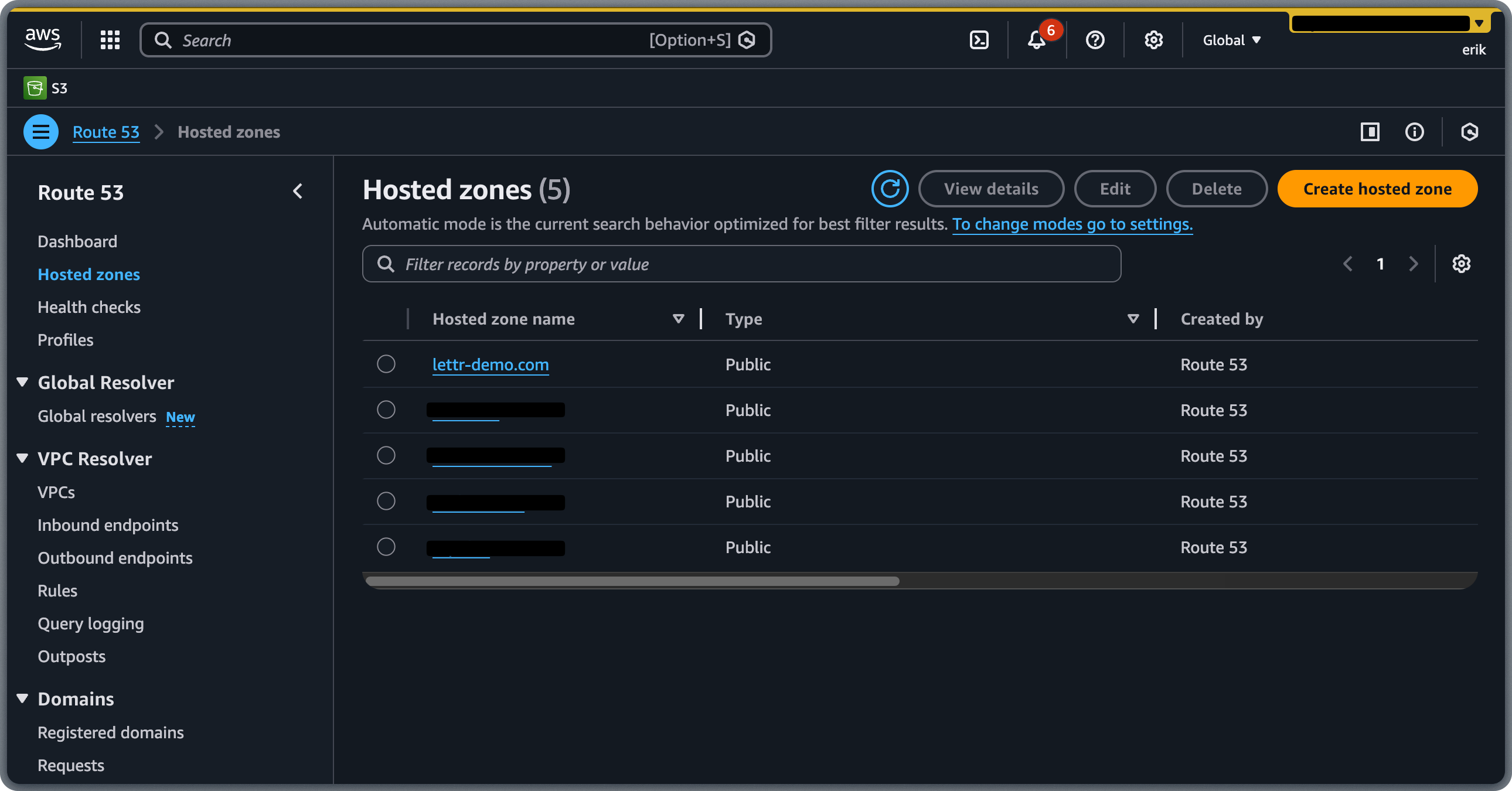 Hosted zones list in AWS Route 53 dashboard