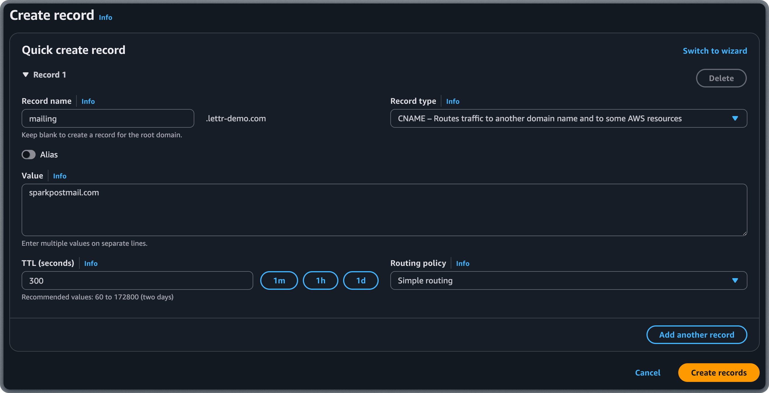 Adding CNAME record in AWS Route 53