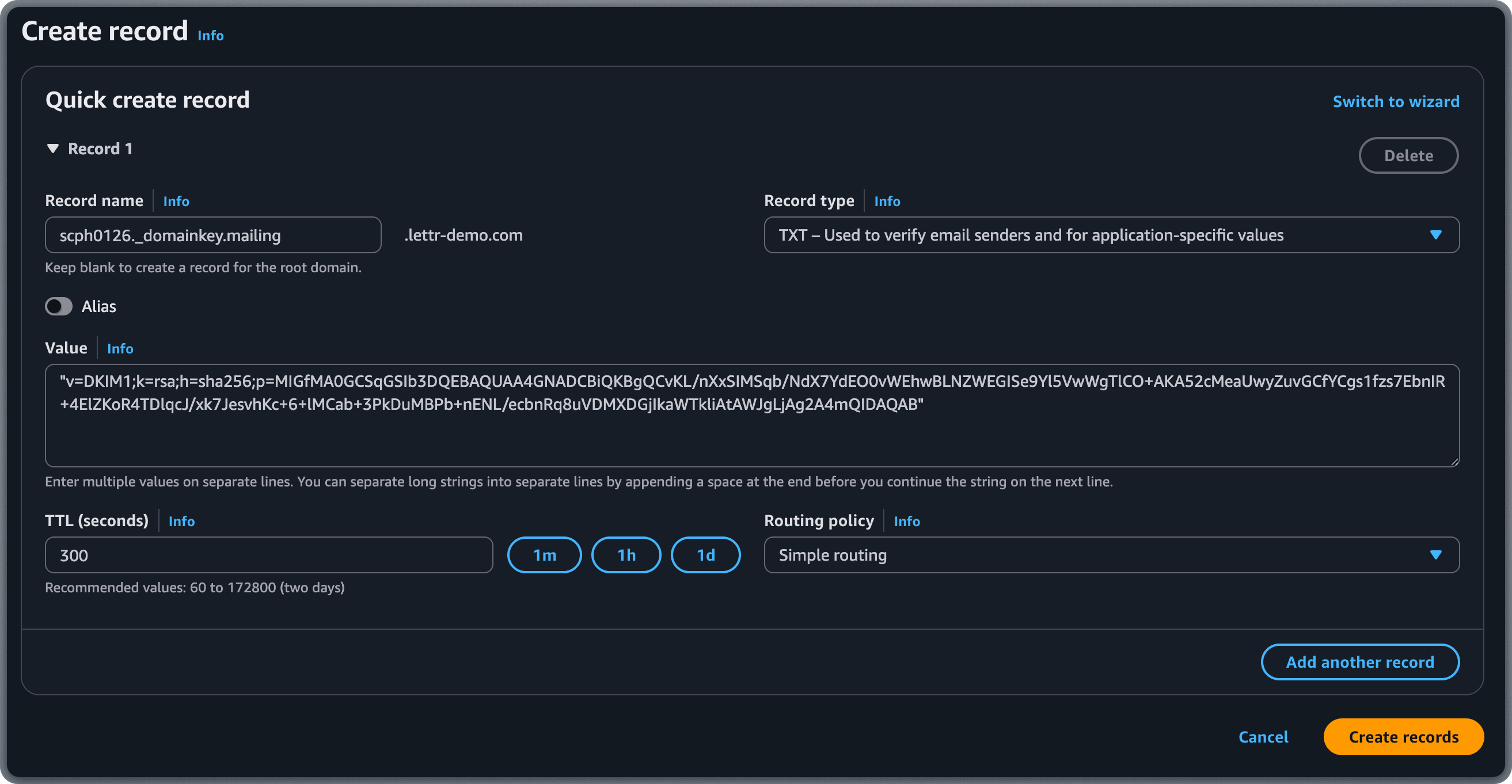 Adding DKIM TXT record in AWS Route 53